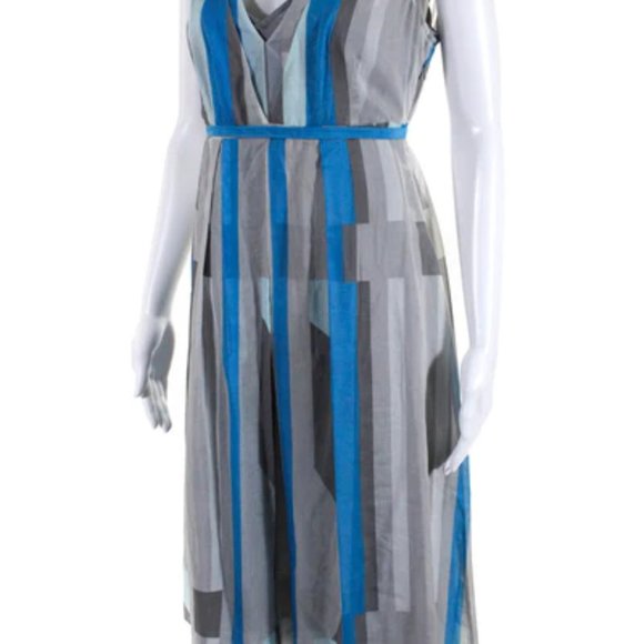 Calvin Klein Womens Sleeveless V Neck Stripe Dress (Gray/Blue) (NWT) - Picture 2 of 4